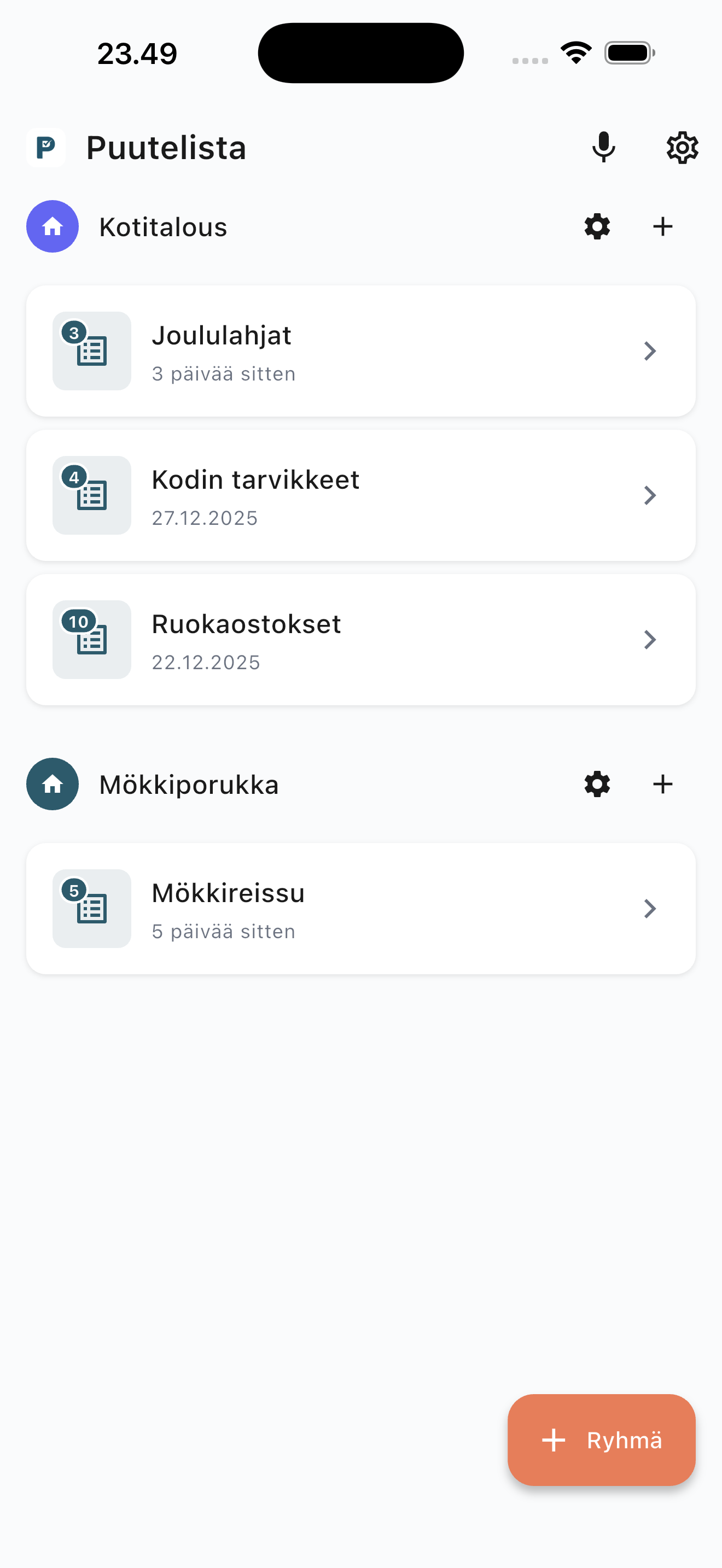 Puutelista app - Light mode
