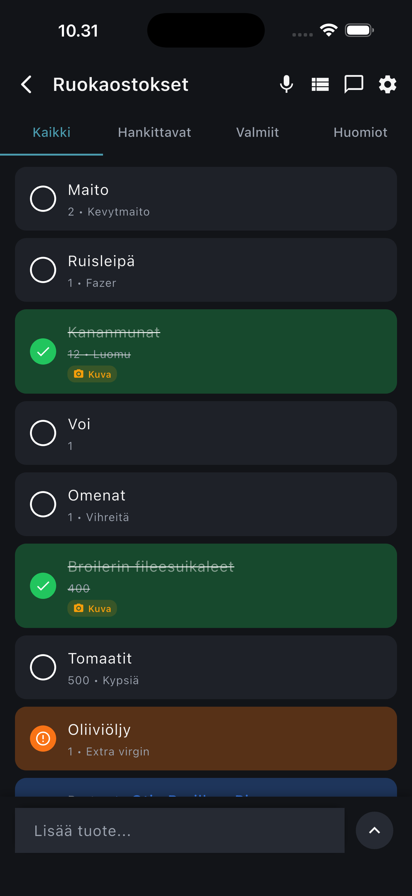 Puutelista app - Dark mode